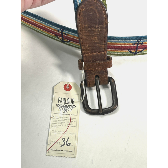 Parlour Needlepoint Belt Mens 36 34 Anchor Stripe Solid Brass Made USA Nautical - Picture 12 of 16
